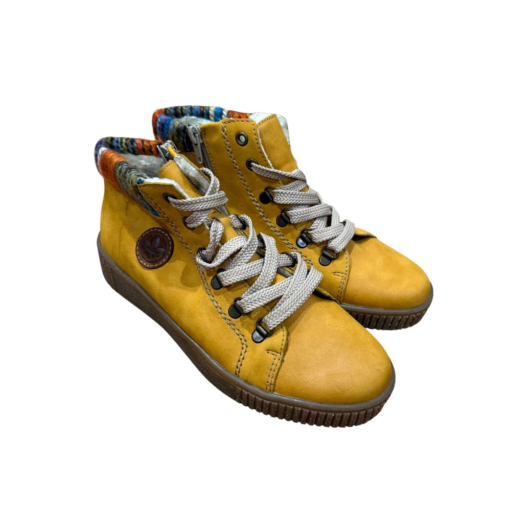 Rieker Women Mustard Yellow Gesa Faux Fur Lined Lace Up Ankle Boots EU 37 US 6
